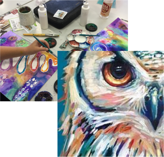 Junior high school students art classes - grade 7 -9 painting and working on portfolios
